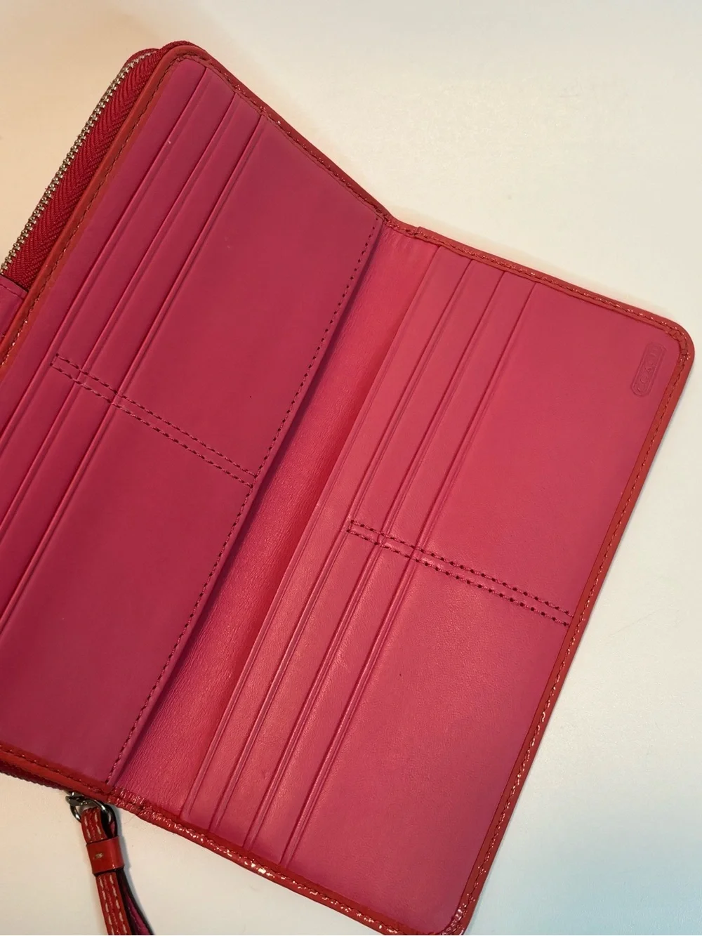 COACH ($229) Legacy Signature Zip-Around Wallet in Tan Canvas with Berry Accents